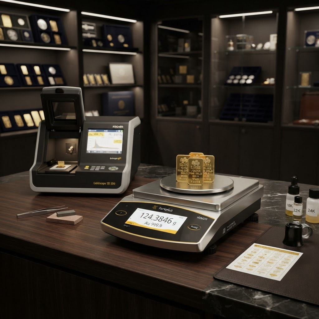 Gold purity testing and precision weighing equipment at our branch