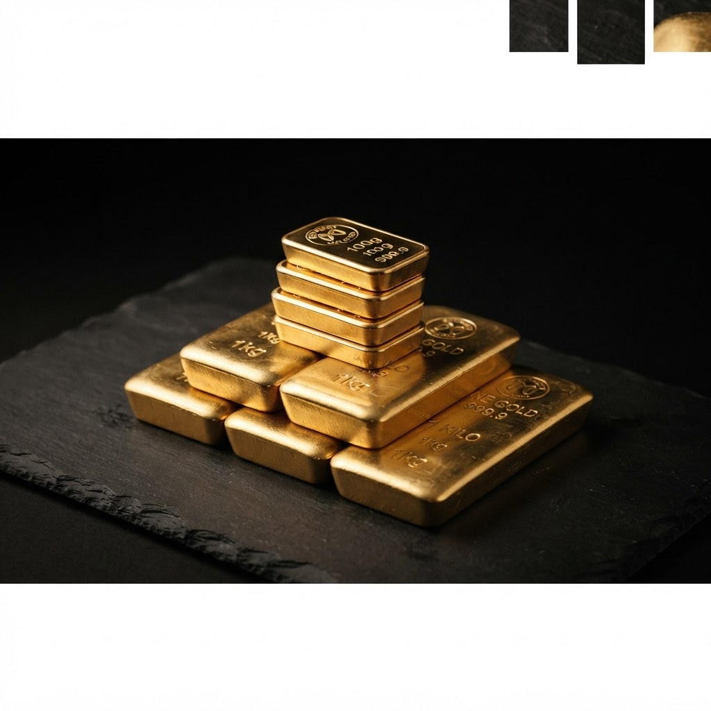 Refined gold bullion bars arranged on dark stone