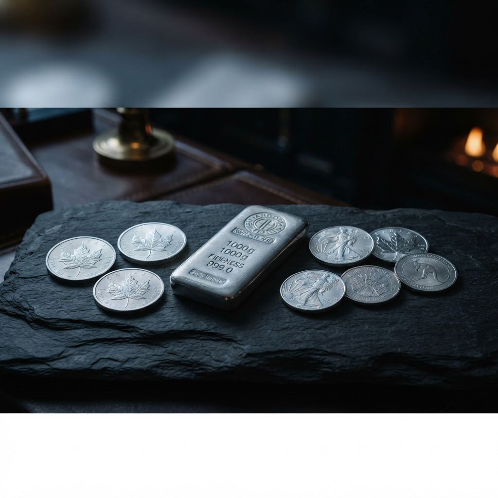 Silver bullion coins and bar arranged on dark stone